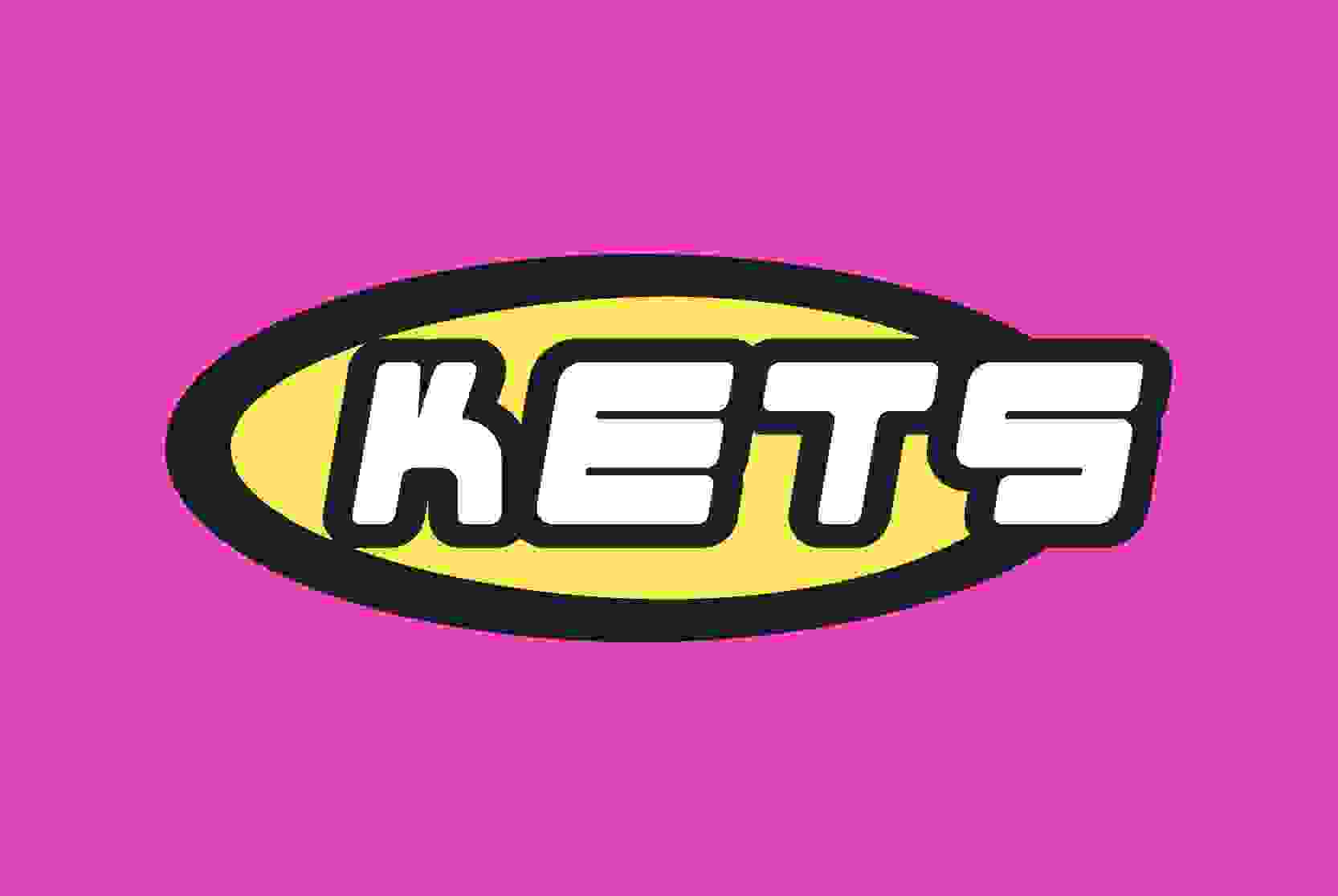 Typography logo 'KETS' in black and yellow on a fuchsia hot pink background